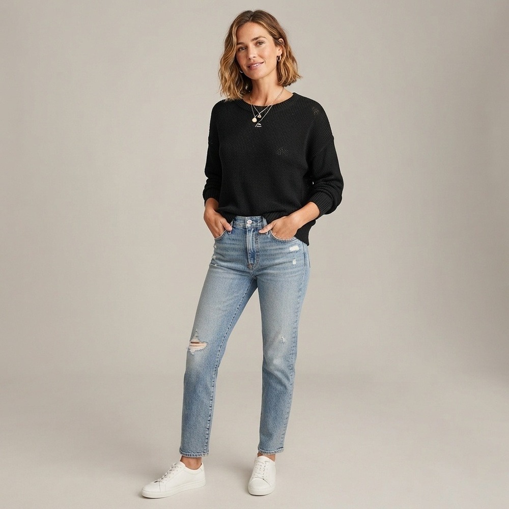 J.Crew Relaxed Cotton-Linen Blend Beach Sweater Crewneck Knit Black Medium